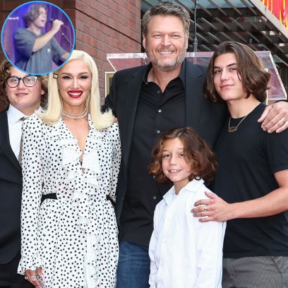 Gwen Stefani and Blake Shelton posing with her kids, Zuma, Apollo and Kingstone