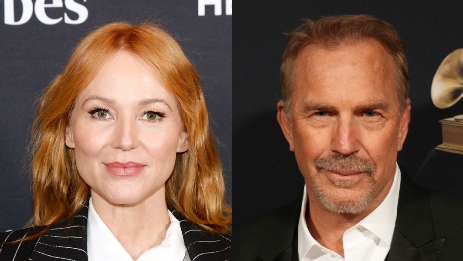 Jewel wearing a striped blazer over a white button down and black tie, Kevin Costner in a black suit