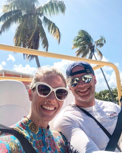 Ruby Franke and Kevin Franke riding in a jeep in front of palm trees.
