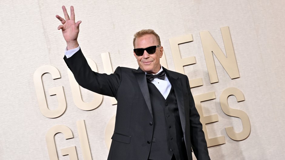 Kevin Costner wearing a tuxedo and sunglasses at the Golden Globes
