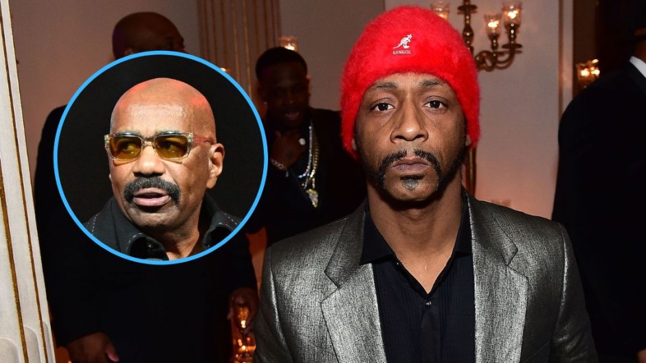 Katt Williams wears a red beanie with a black leather jacket next to an inset photo of Steve Harvey wearing sunglasses.