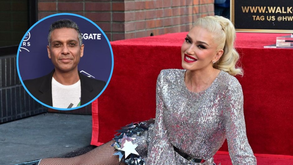 Gwen Stefani wears a silver dress next to her Hollywood Walk of Fame star next to an inset photo of Tony Kanal