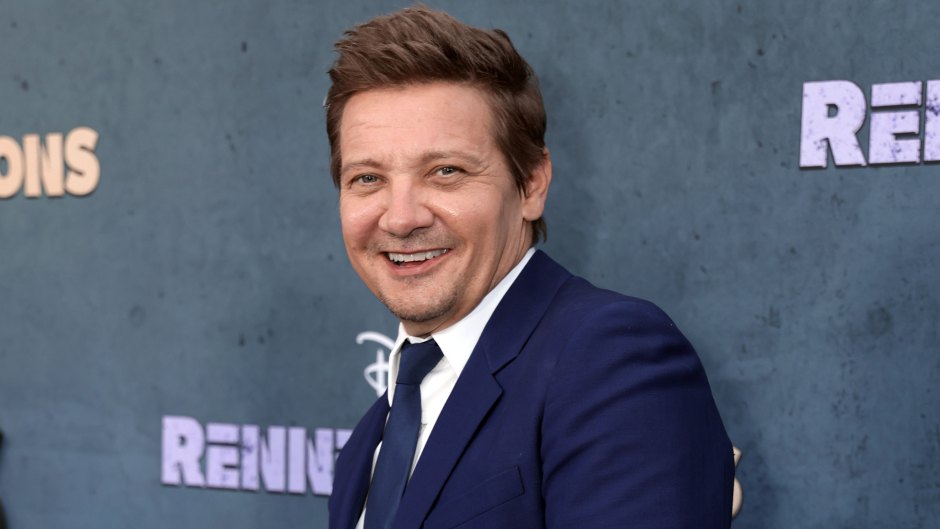 Jeremy Renner wearing a navy suit at 'Rennervations' premiere
