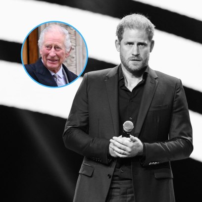Black and white photo of Prince Harry next to an inset photo of King Charles