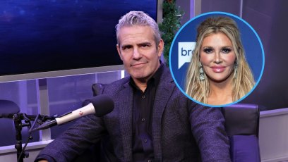 Andy Cohen wearing all black next to an inset photo of Brandi Glanville