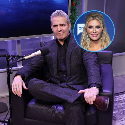 Andy Cohen wearing all black next to an inset photo of Brandi Glanville