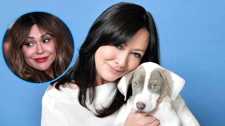Shannen Doherty holds a puppy while wearing white next to an inset photo of Alyssa Milano