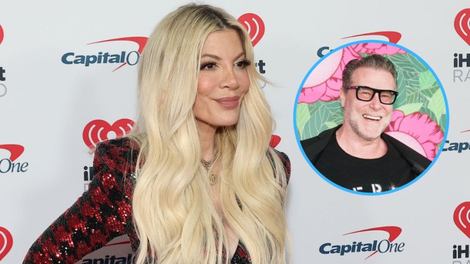 Tori Spelling in a black and red plaid skirt and top next to an inset photo of Dean McDermott