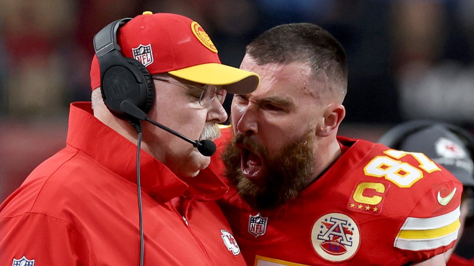 Travis Kelce yelling at Coach Andy Reid during Super Bowl LVIII
