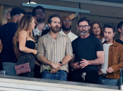 Blake Lively and Ryan Reynolds and Hugh Jackman attend a game between the New York Jets and the Kansas City Chiefs at MetLife Stadium